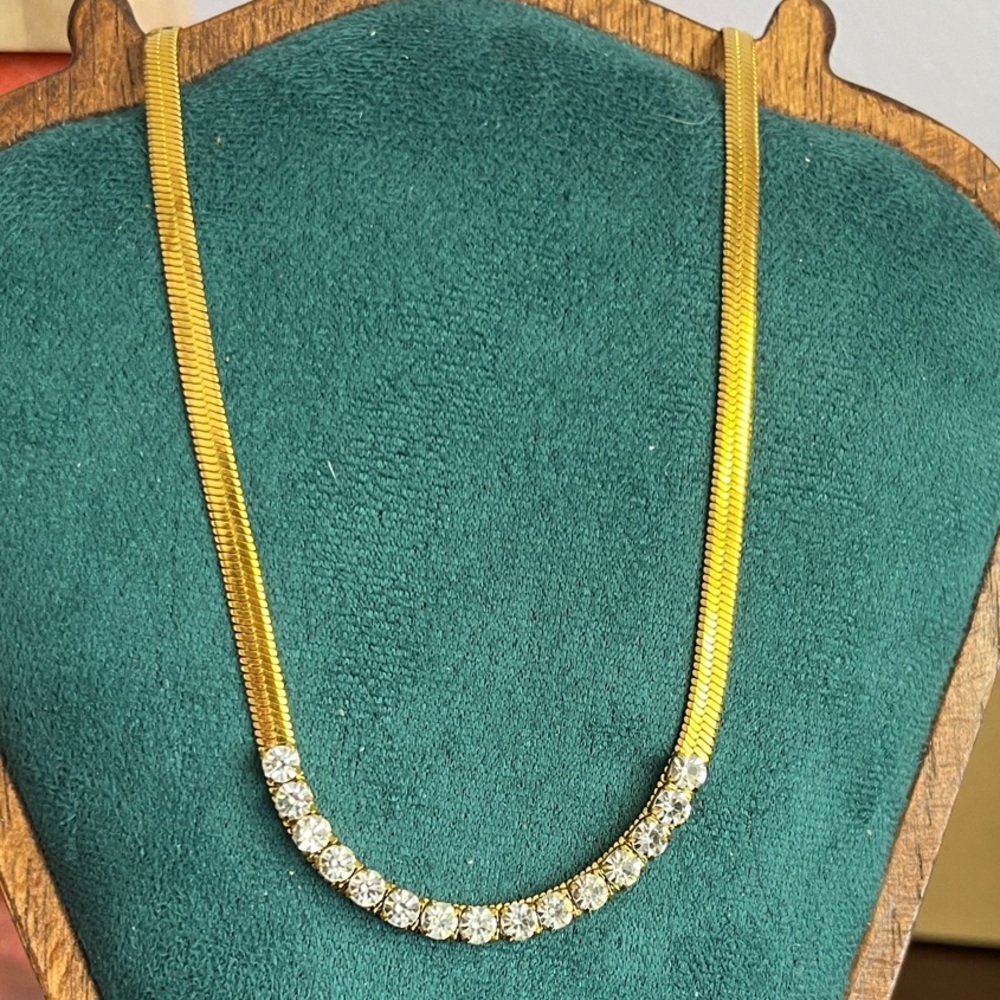 Gold over Stainless AAA CZ and Herringbone Necklace 16-18” adj